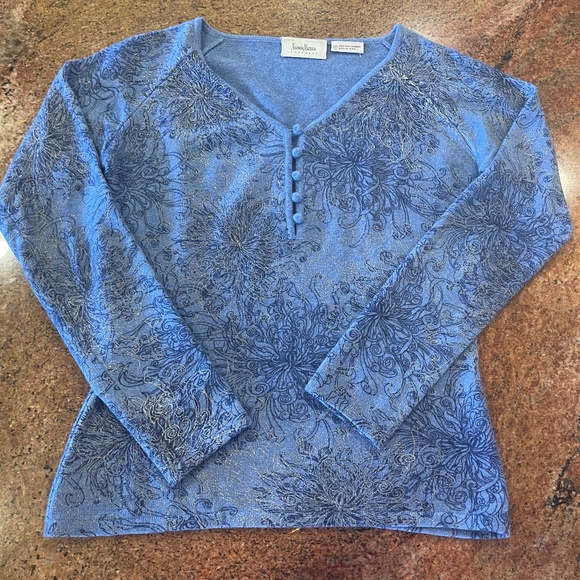 Nieman Marcus 100% Cashmere Collection Blue Floral Sweater Size Small - Picture 11 of 12